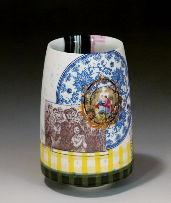 3 Propaganda Book n’ Picnic Proposal with Foggy Flowers, 5½ in. (14 cm) in height, slip-cast porcelain, hand-colored grog, overglaze decals, sepia-tone decals, soda fired to 2361°F (1294°C), 2015.