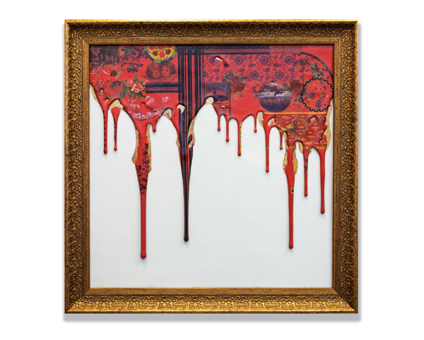 1 For as Little as, 24 in. (61 cm) in height, artisan-sourced handmade porcelain tile, low-fire glaze, fired to 1982°F (1083°C), overglaze decals fired to 1361°F (738°C), frame, 2017. Collection of the Yingge Ceramics Museum. 