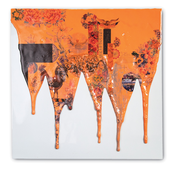 8 Shivered Presence, 24 in. (61 cm) in height, artisan-sourced handmade porcelain tile, low-fire glaze, fired to 1982°F (1083°C), overglaze decals fired to 1361°F (738°C), 2020. Photo: Lindsay Geankoplis. 