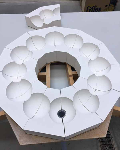 12 Continuing to stack and assemble the mold pieces for the work Spherulite. 