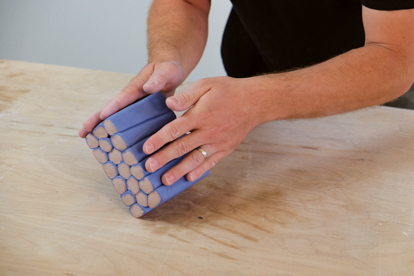 Making the colored porcelain cane and forming the separate canes into a block for cutting.