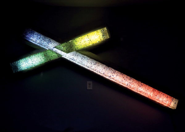 2 Light Flight, 8 ft. (2.4 m) in width, colored porcelain, wood, Plexiglas, fired to cone 8, 2017.