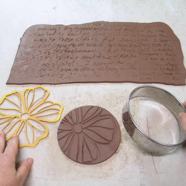 5 While the slab stiffens up, texture and cut out the bottom of the pitcher.