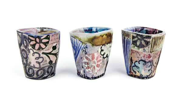 5 Set of cups, 5 in. (13 cm) in height, slab-built stoneware, colored slips, screen-printed underglaze, soda fired to cone 7, 2018. Photo: Cami Leisk.