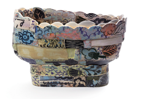 4 Large catch-all, 11 in. (28 cm) in height, slab-built stoneware, colored slips, screen-printed underglaze, soda fired to cone 7, 2021. Photo: Loam.