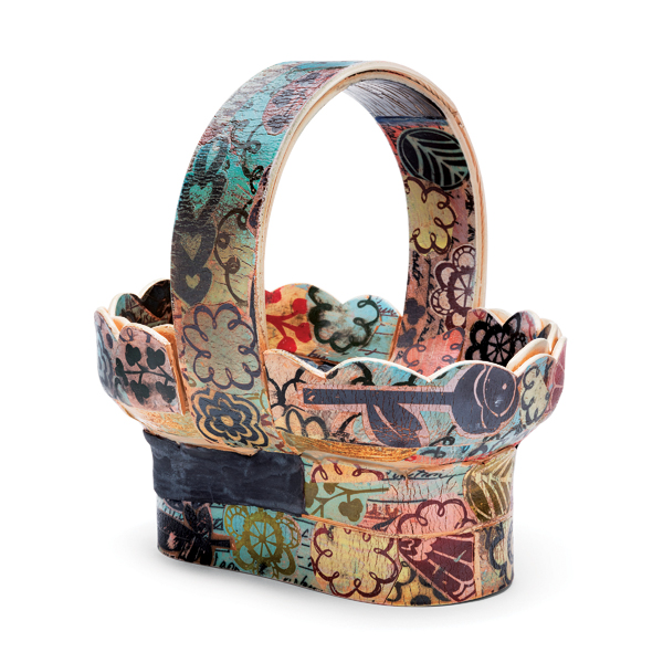 2 Collage basket, 11 in. (28 cm) in height, slab-built stoneware, colored slips, screen-printed underglaze, soda fired to cone 7, 2022. Photo: Loam.