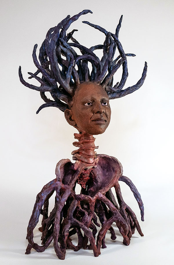 9 take You apart to build something new, 31 in. (79 cm) in height, handbuilt stoneware, terra sigillata, once fired to cone 4 in an electric kiln, watered-down acrylic paint, 2018.  Photo: Misael Martínez.