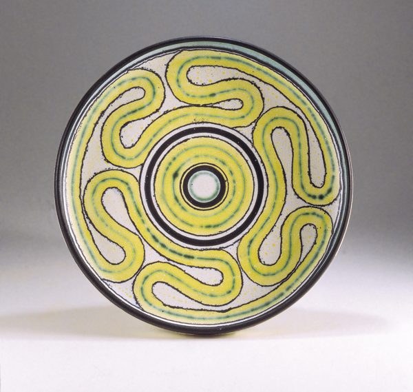 3 Bert Borch's low bowl, white stoneware, white matte glaze with overglaze decoration in yellow, green, and black applied with latex and wax resist, fired to cone 6 in oxidation.