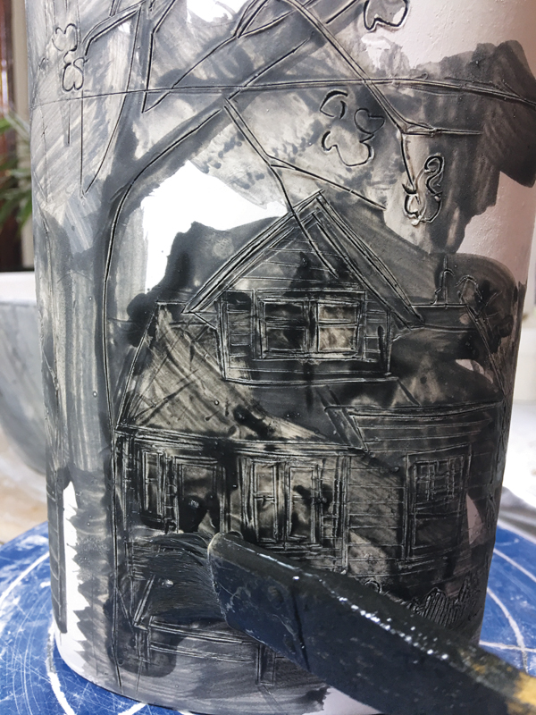 12 Brush a black Mason stain (MS 6600) wash into the lines when the clay is bone dry.
