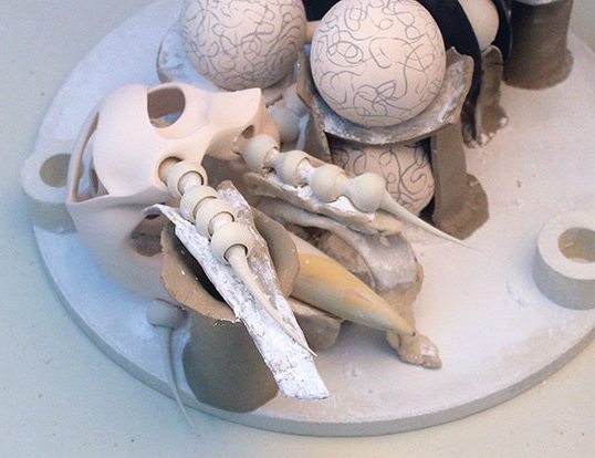 13 The work is assembled and ready for the kiln, with the ceramic supports in place, before the last firing process.
