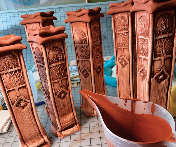 15 After the bisque, apply a glaze wash, lightly sponge, then apply a second glaze.