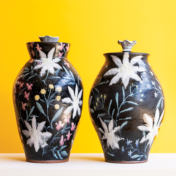 2 Double Garden Jars, to 15 in. (38 cm) in height, wheel-thrown red stoneware, glazes, fired to cone 6 in oxidation, 2021. Photo: Jordan Cassway. 