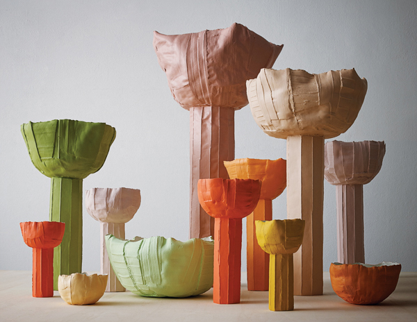 1 Ranuncoli (Buttercups), to 3 ft. 6 in. (1.1 m) in height; bowls to 15¾ in. (40 cm) in height, paper clay, 2021. Photo: Studio Auber. 