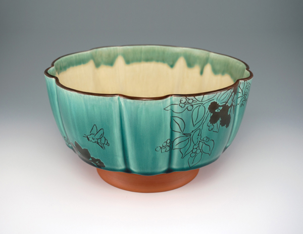 Bowl, 7 in. (18 cm) in diameter, slip-cast fritware, slip resist, sgraffito, alkaline glaze, terra sigillata, fired to cone 04 in an electric kiln, 2016.