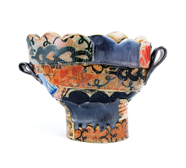 1 Collage vessel, 8 in. (20 cm) in height, slab-built stoneware, colored slips, screen-printed underglaze, soda fired to cone 7, 2018. Photo: Cami Leisk