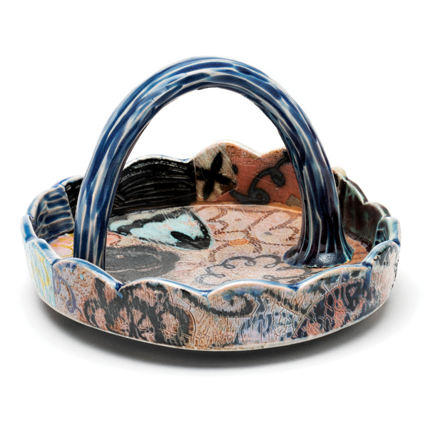 6 Small basket, 5 in. (13 cm) in height, slab-built stoneware, colored slips, screen-printed underglaze, soda fired to cone 7, 2022. Photo: Loam.