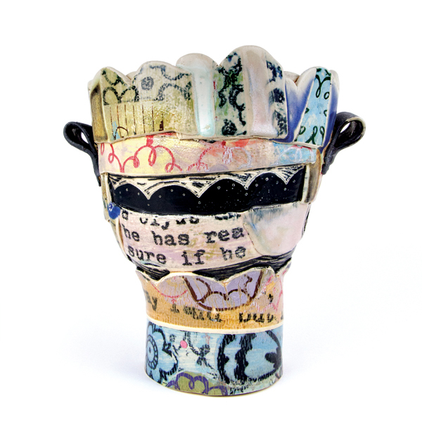 3 Tall collage vessel, 10 in. (25 cm) in height, slab-built stoneware, colored slips, screen-printed underglaze, soda fired to cone 7, 2019. Photo: Cami Leisk. 