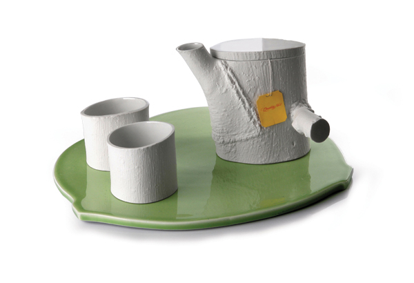 Tree Set, 8 in. (20 cm) in length, porcelain, glazed interiors, wooden tray, designed by Marek Cecula with Edyta Cieloch, produced by Cmielów Design Studio, 2009. Photo: Sebastian Zimmer.