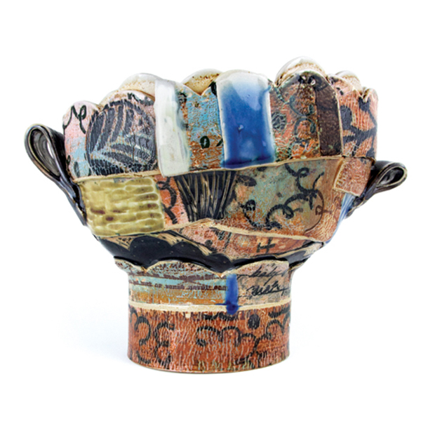 Collage vessel, 8 in. (20 cm) in height, stoneware, colored slips, screen-printed underglaze, soda fired to cone 7, 2018. Photo: Cami Leisk. 