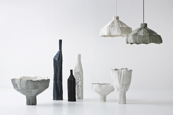 9 From left to right: Anemone, bottles, print bottle, anemone, anemone lamps, tulipano, to 31½ in. (80 cm) in height, paper clay, 2014.