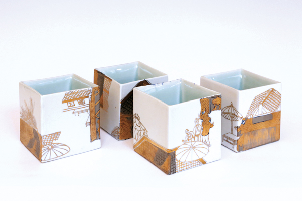 2 Jackson Li’s A15-7 New Guan Ware Square Set, 3½ in. (9 cm) in height, hand-painted porcelain, celadon glaze, gold luster, 2016.