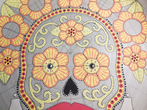 12 Detail of a finished skull platter. Open areas in flowers will have decals applied after glaze firing.