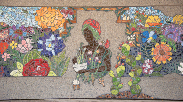 10 ALMA Summer Institute’s Weaving Our Destiny (detail), 270 square feet (82 square meters), clay, glaze, mortar, and grout, 2017. Photo: Keith Scott. 