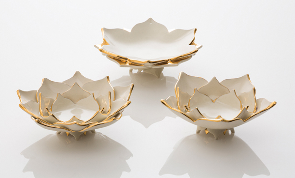Selection from the Transcend series, wheel-thrown and handbuilt porcelain, glaze, fired to cone 6 in an electric kiln, 22-karat gold luster, 2014.