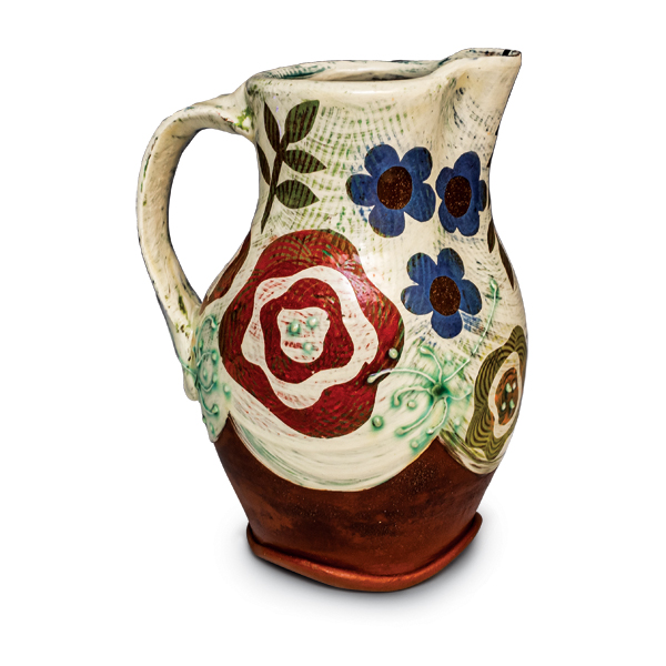 2 Bouquet Pitcher, 8 in. (20 cm) in height, red earthenware, underglaze, slip, paper resist, terra sigillata, soda-ash wash, fired to cone 1, 2021. 