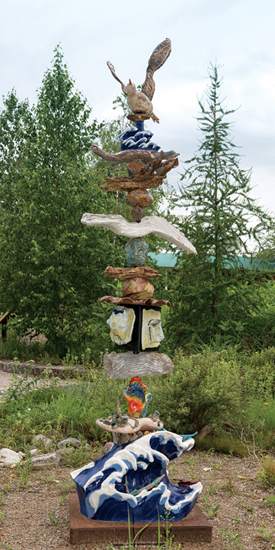 10 JT Abernathy, Jeri Hollister, Shirley Knudsvig, Maki Lin, Kristine Stewart, Debbie Thompson, and Carolyn Toomey’s Time and Tide, wheel-thrown and handbuilt stoneware, mixed media, fired to cone 6 in an electric kiln or cone 10 reduction in a gas kiln. Photo: Jeri Hollister.