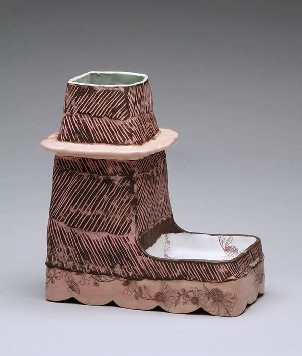 Vase with side tray, 12 in. (30 cm) in height, 2019; Skirted cups, to 5 in. (13 cm) in height, 2020.
