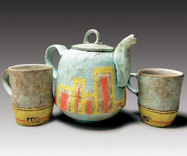 Teapot with matching mugs, to 9 in. (23 cm) in height, Laguna Jr. Tile Red clay, terra sigillata, underglaze, fired to cone 6, 2022.