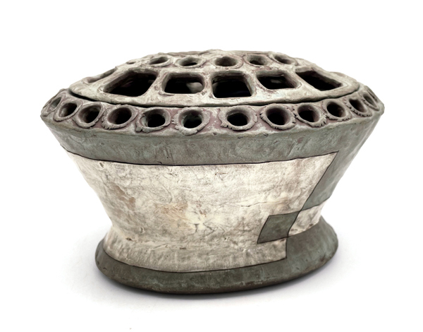 1 Flower brick, 7¼ in. (18 cm) in height, handbuilt stoneware, terra sigillata, liner glaze, fired to cone 4 in oxidation, 2021.