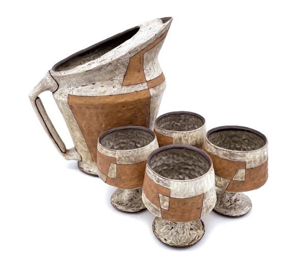 2 Sangria set (64-ounce pitcher and 8-ounce cups), handbuilt stoneware, terra sigillata, liner glaze, fired to cone 4 in oxidation, 2022. 
