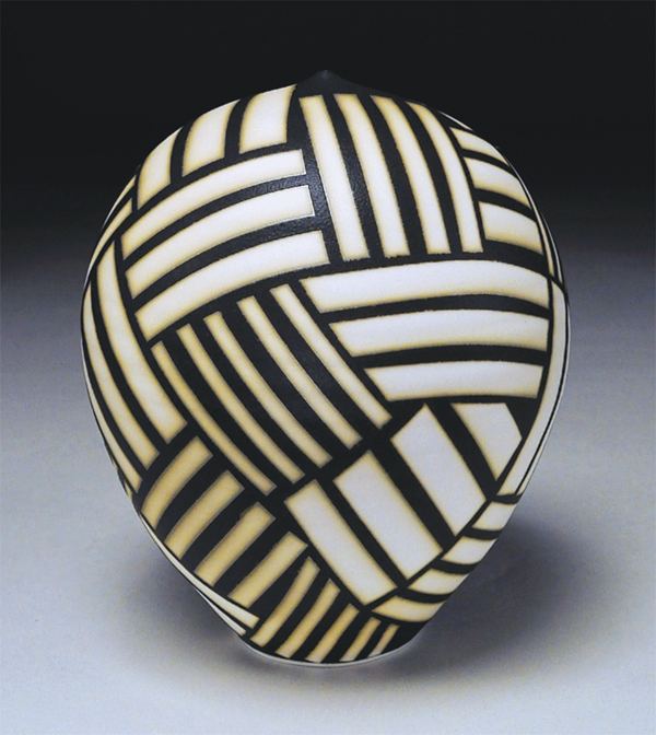 8 Nicholas Bernard’s Patchwork Bottle, 9 in. (23 cm) in height, wheel-thrown porcelain, fired to cone 10 in reduction, 2022.