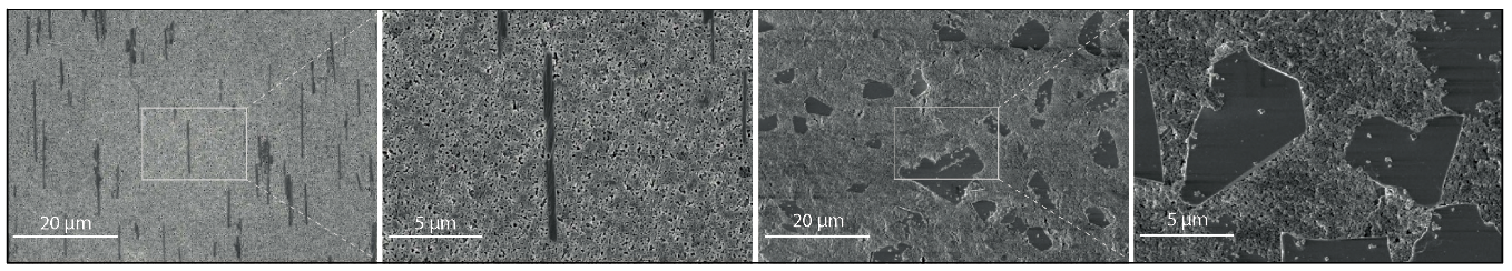 2 Electron micrograph of the ceramic greenware body before firing showing the plate-like reinforcing particles dispersed in the matrix of nanoparticles: oriented perpendicularly (left) and parallel (right) to the surface of the cross-section.