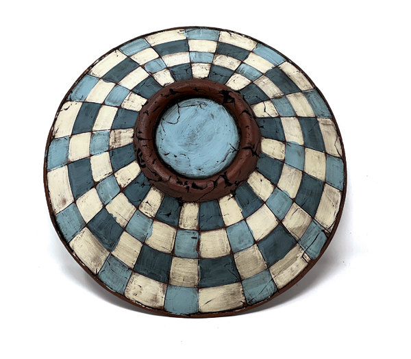 3 Bowl (alternate view), 8 in. (20 cm) in diameter, red clay, colored terra sigillata, underglaze, glaze, fired in an electric kiln to cone 4.