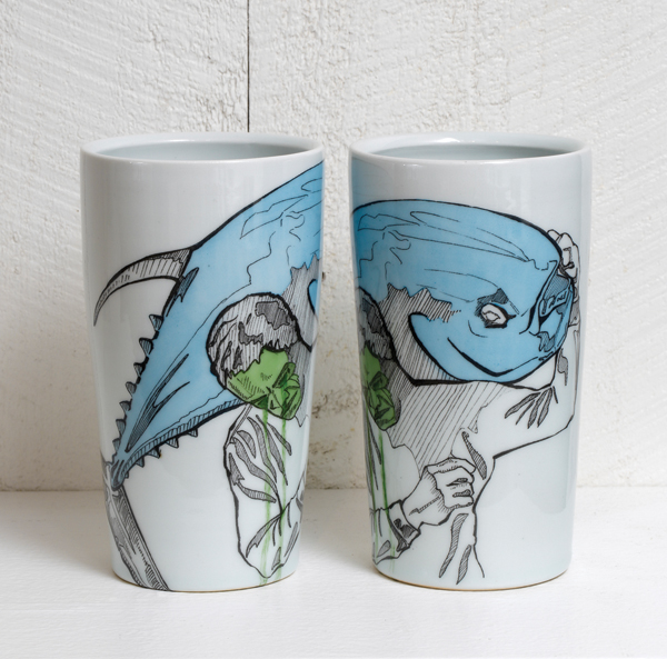 6 Brad Klem’s Buyer’s Remorse beer tumblers, 6½ in. (16 cm), porcelain, ceramic decal, china paint. Photo: Johnpolakphotography.com.
