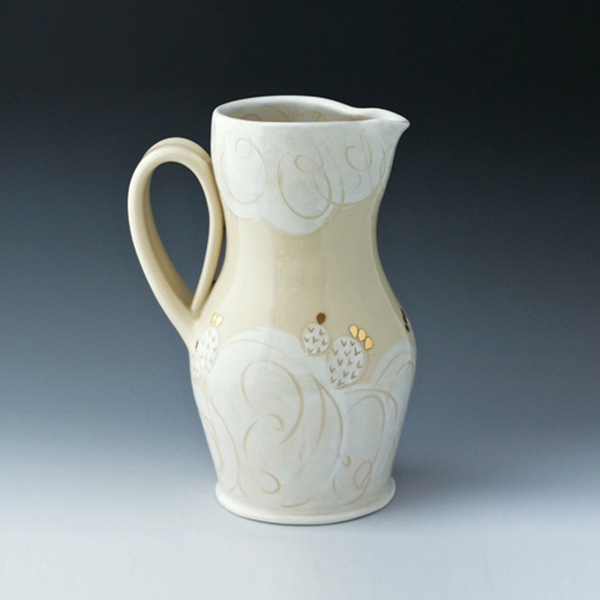 Pitcher, wheel-thrown and altered porcelain, sgraffito decorated underglaze, glaze, fired to cone 6, luster, fired to cone 018, 2015.