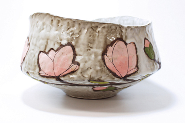 3 Magnolia Bowl, 131/2 in. (35 cm) in length, handbuilt, Georgie’s Trail Mix Toast clay, underglaze, glaze, fired to cone 6, 2022.