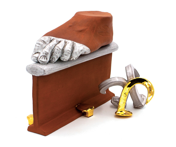 6 Jonathan Christensen Caballero’s Balance/Equilibrio, 10½ in. (27 cm) in width, press-molded and handbuilt earthenware, fired to cone 1, gold luster, 2022.