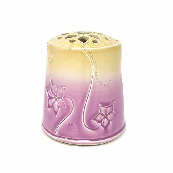 1 Jessica Palmer’s Violet Fields Flower Brick, 6 1/2 in. (17 cm) in height, wheel-thrown porcelain, fired to cone 6 in an electric kiln, 2022.