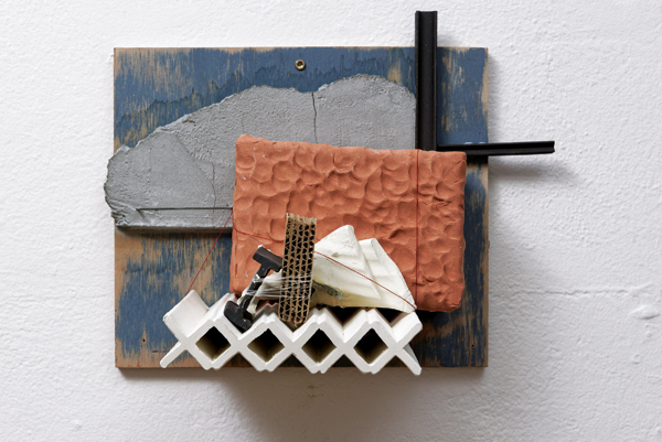 7 Matthew Eames’ Structural Anomaly 6, 14 in. (36 cm) in width, earthenware, fired to cone 1, wood, concrete, metal, thread, 2021. 