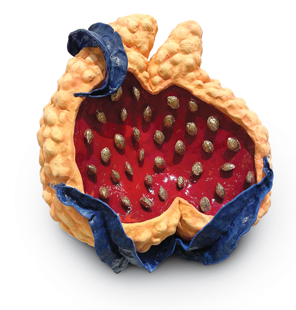 Cathy Lu’s Peach 4, 23 in. (58 cm) in height, glazed ceramic, wood, 2019. Photo: Diana Jahns. 