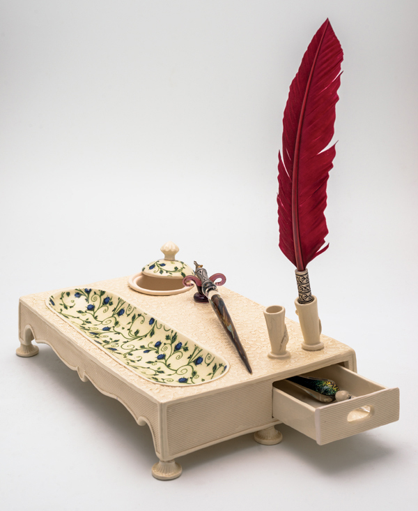 Ink Stand, 28 in. (71 cm) in length, handbuilt and wheel-thrown porcelain, fired to cone 6 in oxidation.