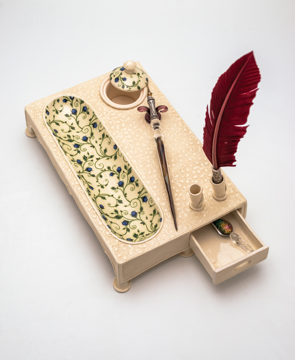Ink Stand (alternate view), 28 in. (71 cm) in length, handbuilt and wheel-thrown porcelain, fired to cone 6 in oxidation.