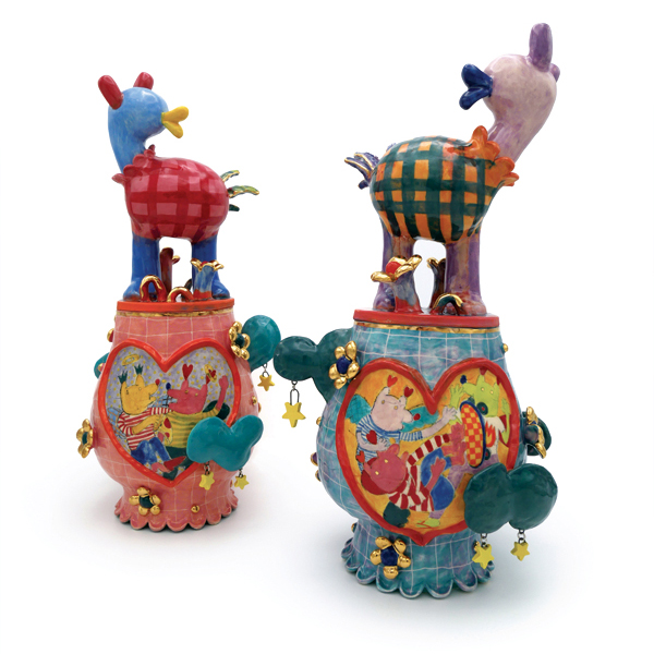 2 Heaven can wait (left), Sketchy skaters (right), to 13 in. (33 cm) in height, stoneware, underglaze, glaze, fired to cone 6, luster, nichrome wire, 2021. 