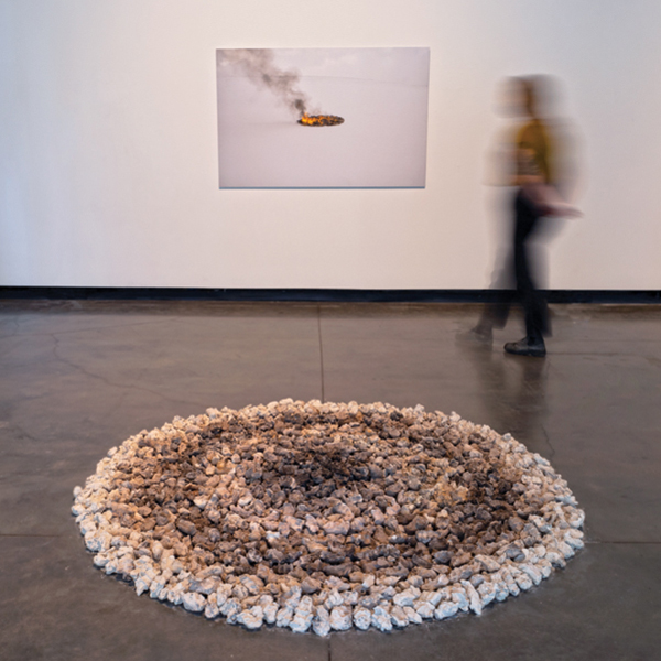 11 Marianne Chenard’s Drawing. Fire, to 6 ft. (1.8 m) in diameter, porcelain, inkjet print on watercolor paper, wood, 2021.