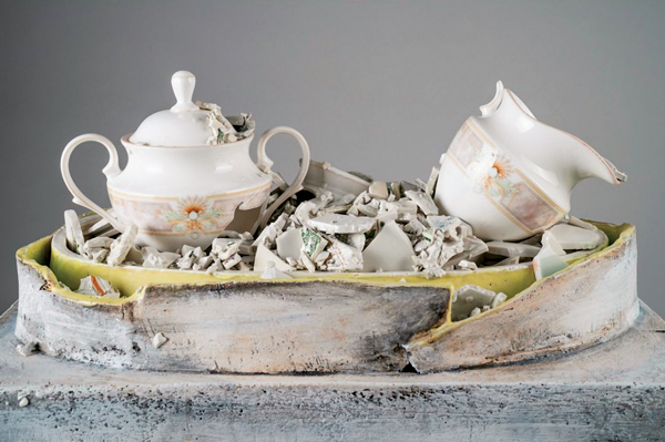 1 Lydia Thompson’s Find Me: Ain’t Sugar and Spice, 31 in. (79 cm) in length, ceramics, upcycled ceramics, ceramic decals, fired to cone 5/6, wood, paint, 2022. 