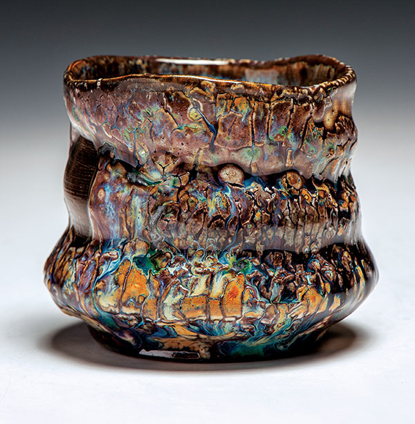 4 Teacup, 4 in. (10 cm) in height, Oni-glazed with 10 glazes (application methods included dipping, pouring, brushing, trailing, and spraying); dry shakings of wood ash, volcanic ash, colorants, fluxes, and frits; reduction fired in a gas kiln to cone 9–10.